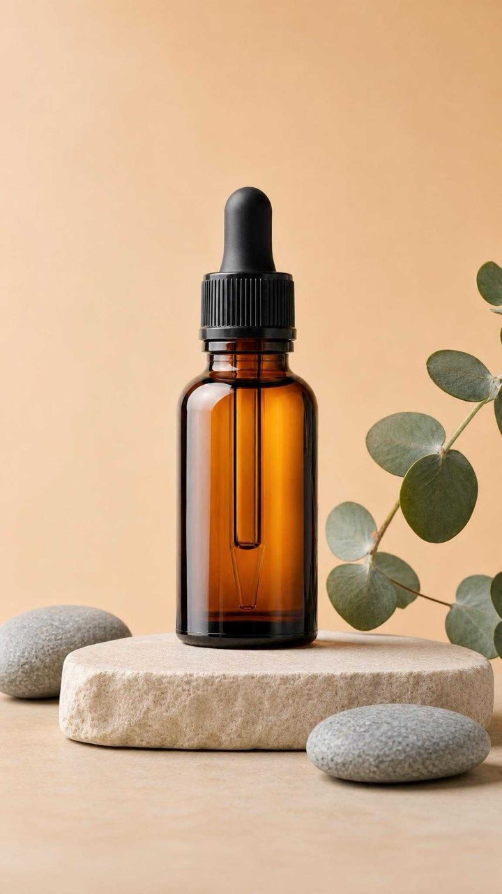 The generated photo: an amber glass dropper bottle on a stone plinth, beside a sprig of eucalyptus, against a peach backdrop.
