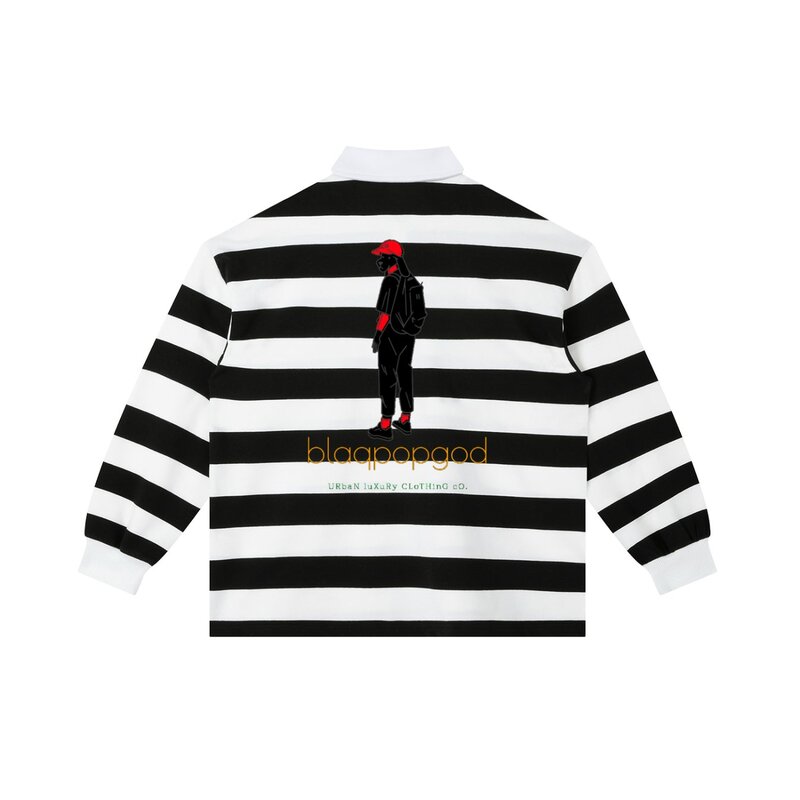 The Blaqpopgod listing photo: a black-and-white striped long-sleeve polo with a printed figure on the back.