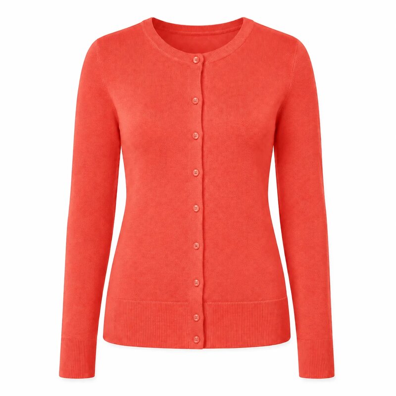 The Futurumix listing photo: a coral fine-knit button-front cardigan.