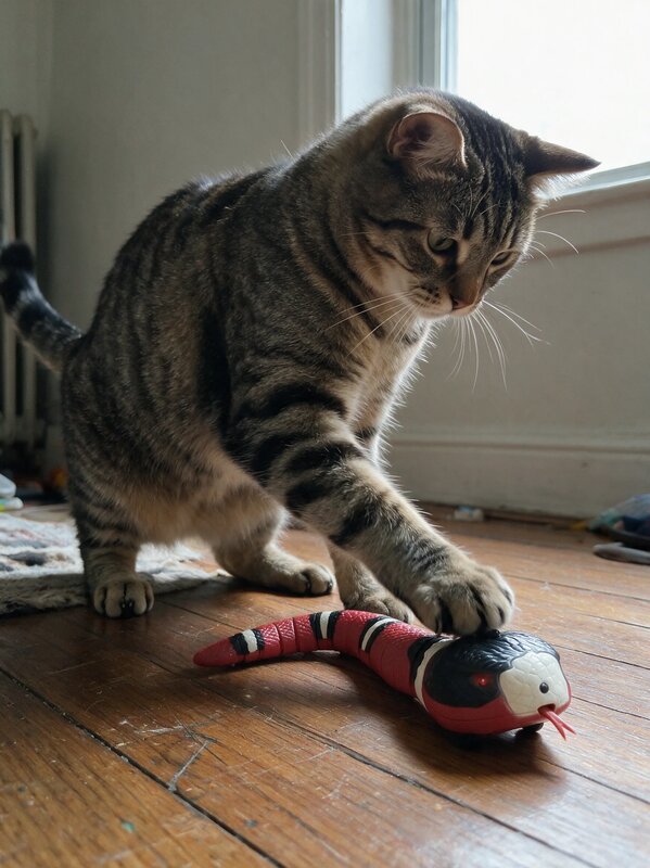 The Petsspark listing photo: a tabby cat pawing a red-and-black robotic snake on a wooden floor.
