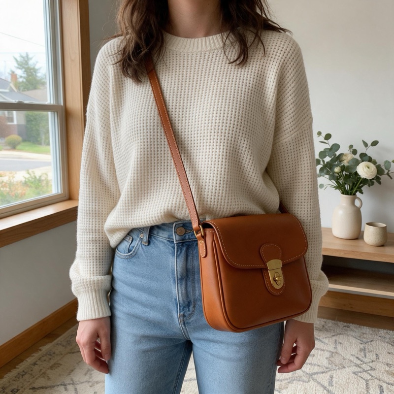 The bag worn across the body over a cream sweater, framed from the shoulders to the hips, with no face in the picture.