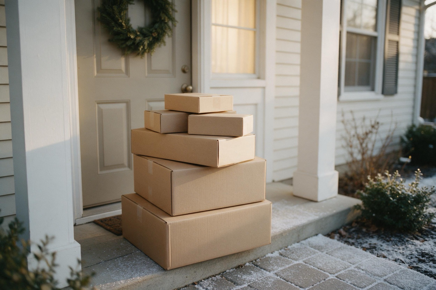 A front doorstep in December with a stack of cardboard delivery parcels, a wreath on the door and warm light in the window.