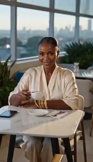 A stack of gold bangles worn through a day: over coffee at a window table, then at a laptop in a meeting room.