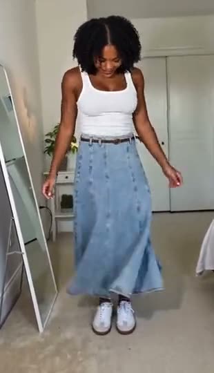 A buttoned denim maxi skirt with a white tank, checked front and side in a full-length mirror.