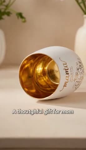 A personalised ceramic vessel with a gold interior, turned upright on a wooden table and lit.