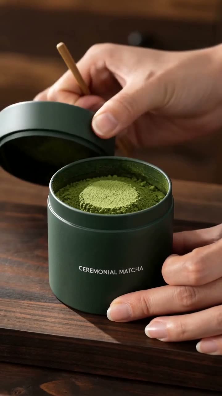 A deep-green matcha tin opened on a wooden counter, powder scooped, water poured, whisked in a ceramic bowl.