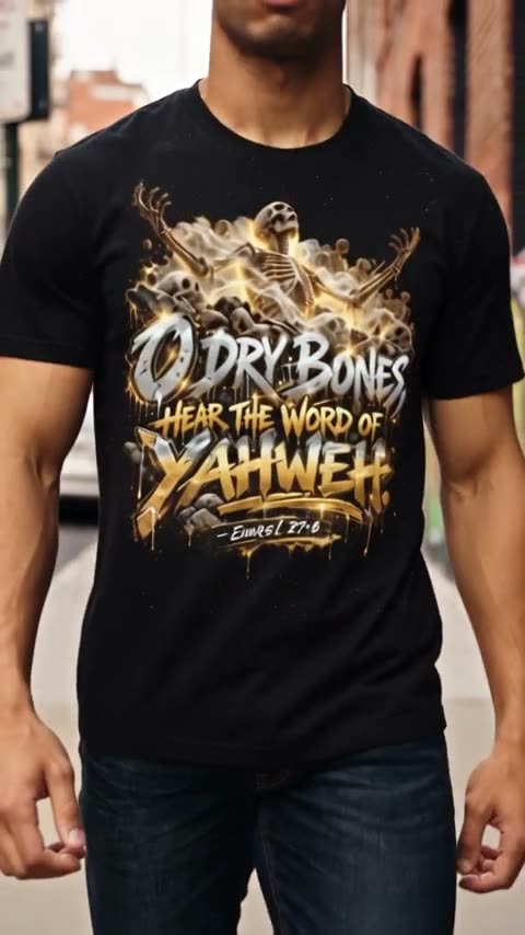 A man walks a graffiti-lined street as his outfit changes: a varsity jacket printed Blessed Forever, a black tee printed O dry bones, hear the word of Yahweh, and a Jesus sweatshirt.