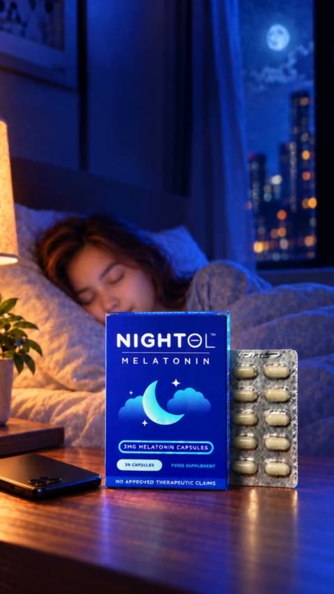 A young woman scrolls her phone in bed at night beside a blue Nightol box, reaches for the box and a glass of water, and falls asleep.