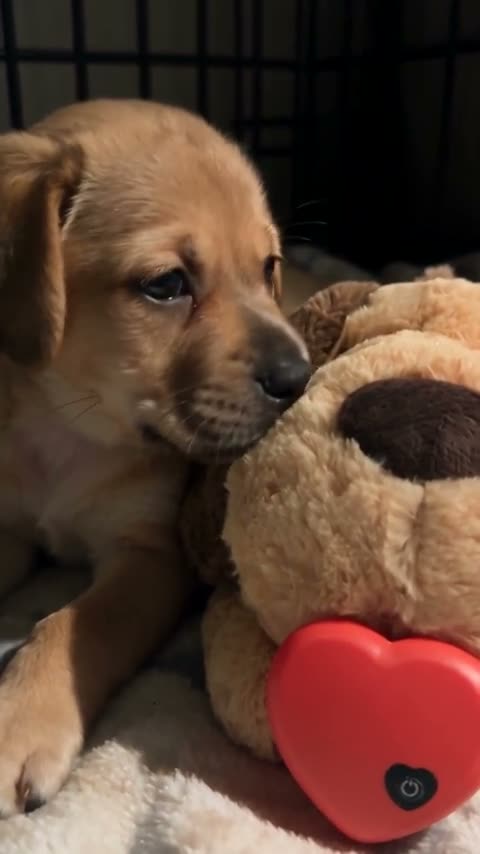 A puppy noses a tan plush dog with a red heart on its chest in a crate, curls up against it on a grey blanket, and falls asleep.