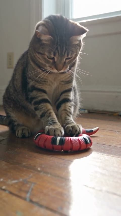 A red-and-black robotic snake winds across a wooden floor and under a table while a tabby cat crouches, stalks and pins it with a paw.