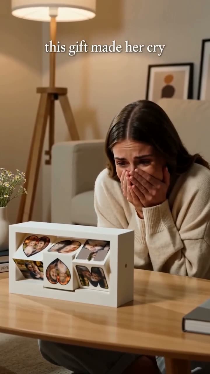 A woman sits at a lamp-lit table with a white multi-photo frame in front of her and covers her mouth with both hands.