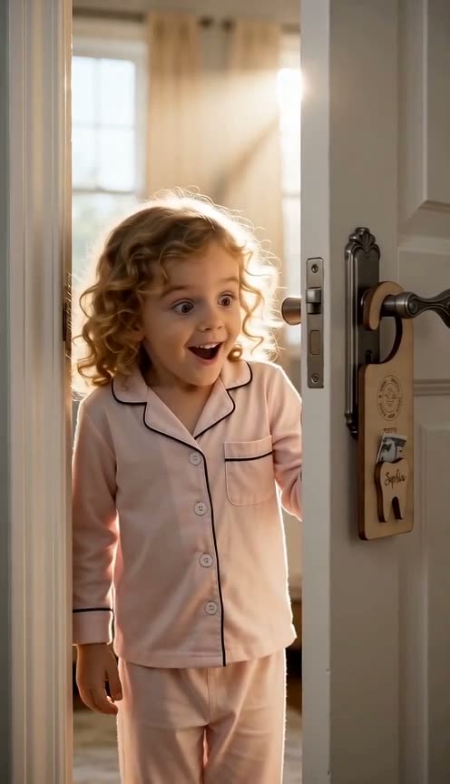 A wooden tooth-fairy door hanger on a bedroom door handle, with a hand slipping a folded note into its pocket.