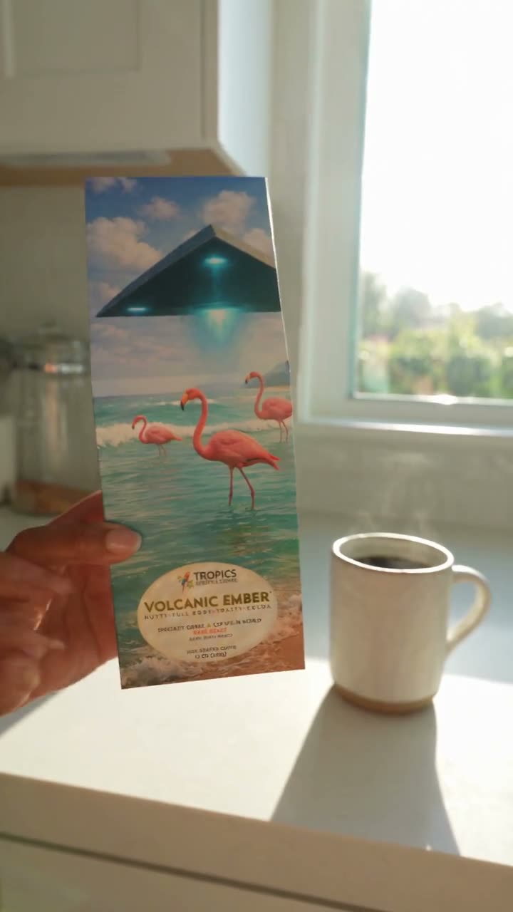 A flamingos-and-UFO art box of coffee held up in a bright kitchen, turned in the window light, then set beside a steaming mug on the counter.