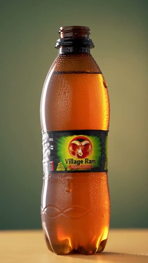 An amber bottle of Village Ram energy drink is opened, shown close through the condensation on its label, and poured into a tall glass of ice.